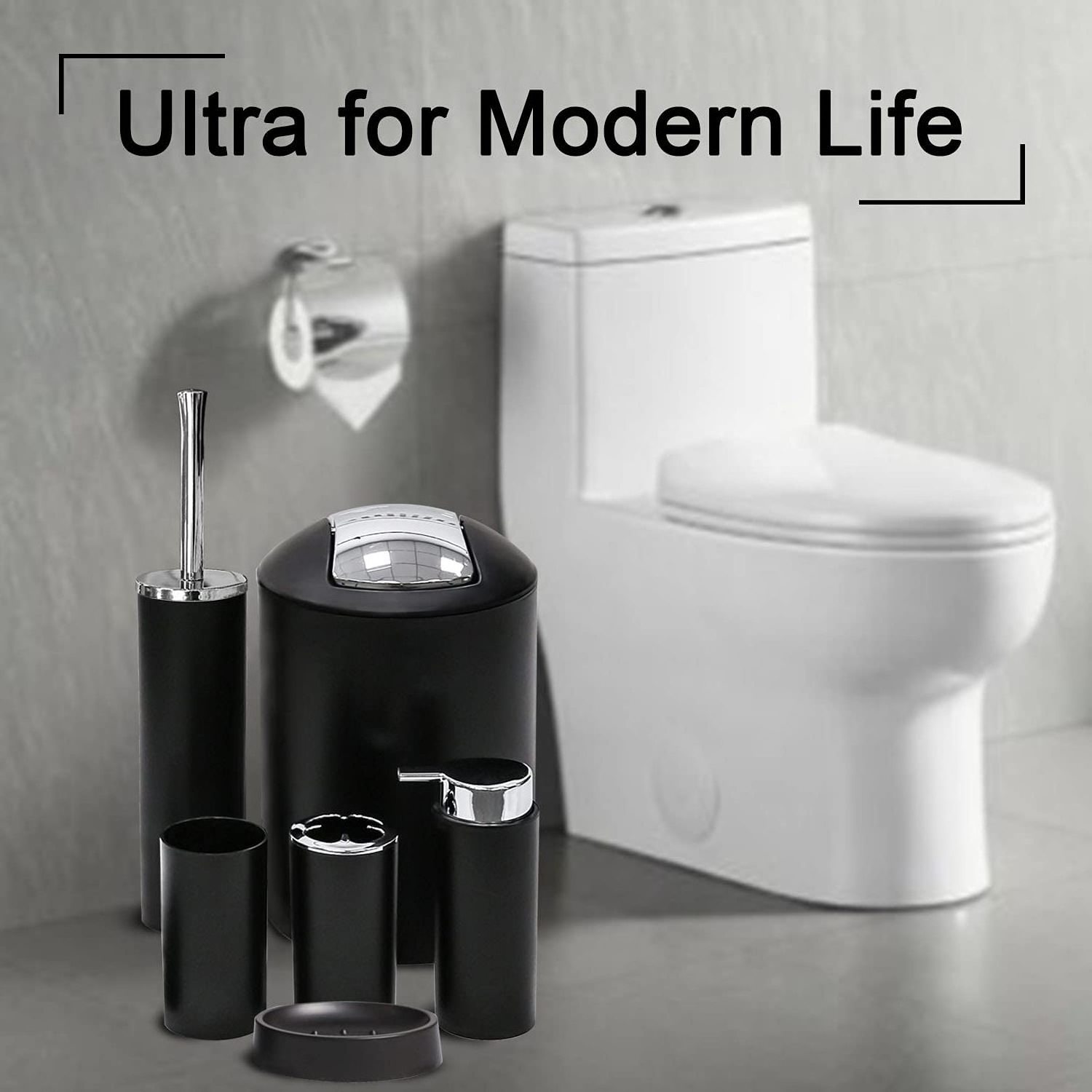 Matte black plastic bathroom accessories set 6 pieces shower set Bathroom Products Accessories