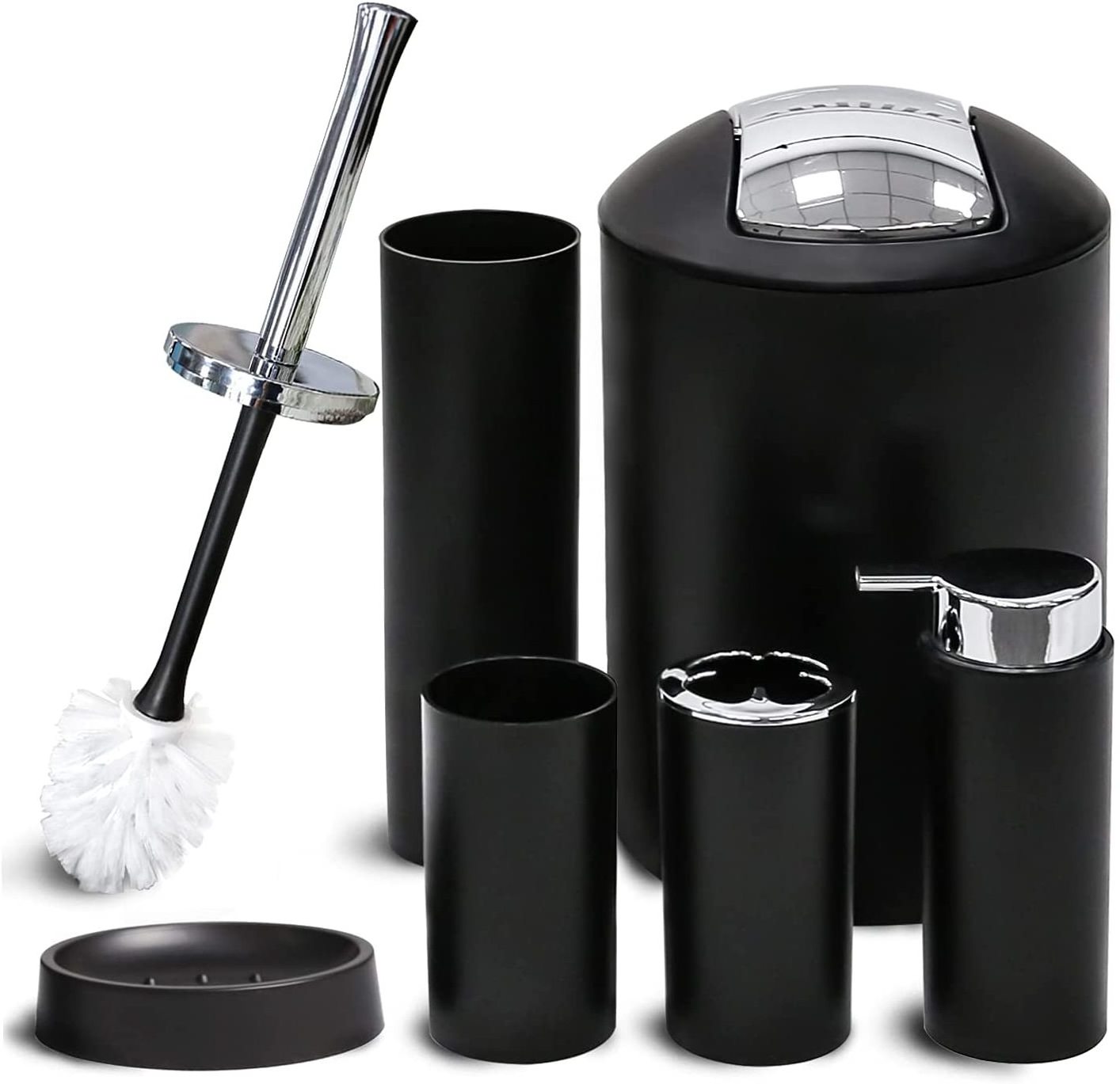 Matte black plastic bathroom accessories set 6 pieces shower set Bathroom Products Accessories