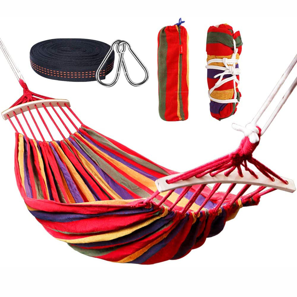 Extra Large Casual Brazilian-Style Cotton Camping Hammock with Hardwood Spreader Bar