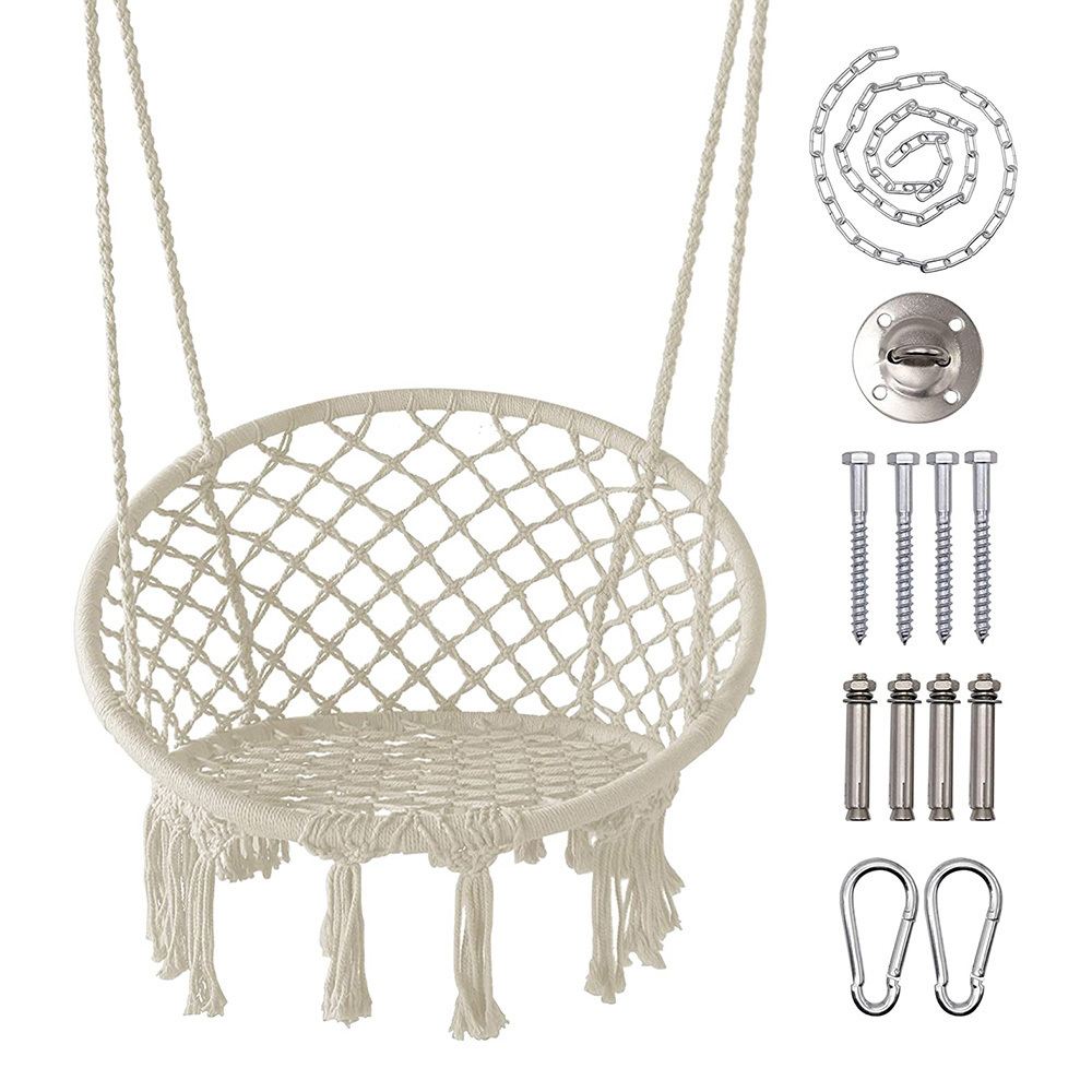 Boho Style Macrame Hammock Chair Garden Swing with Lights and Durable Hanging Hardware Kit