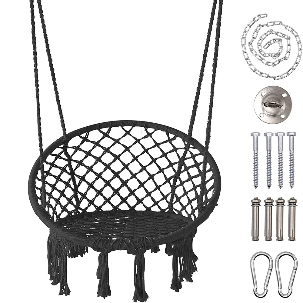 Boho Style Macrame Hammock Chair Garden Swing with Lights and Durable Hanging Hardware Kit