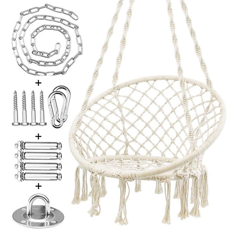 Boho Style Macrame Hammock Chair Garden Swing with Lights and Durable Hanging Hardware Kit