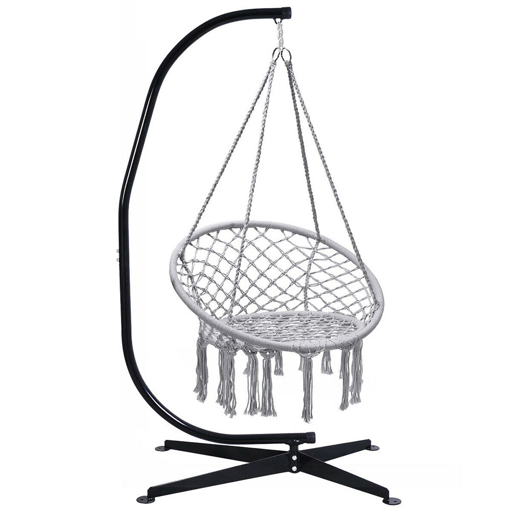 Elegant Cotton Rope Macrame Swing Hammock Chair with Durable Hanging Kits and C Shape Swing Stand