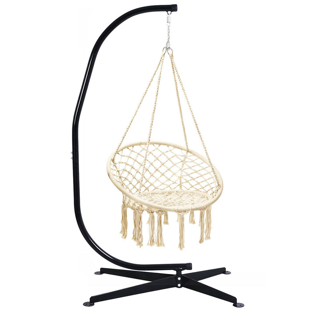 Elegant Cotton Rope Macrame Swing Hammock Chair with Durable Hanging Kits and C Shape Swing Stand