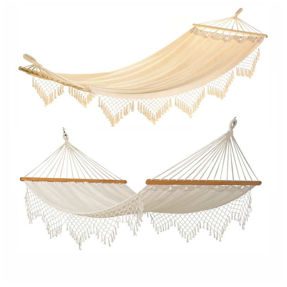 Boho Macrame Fringe Cotton Hammock with Anti Roll Balance Beam