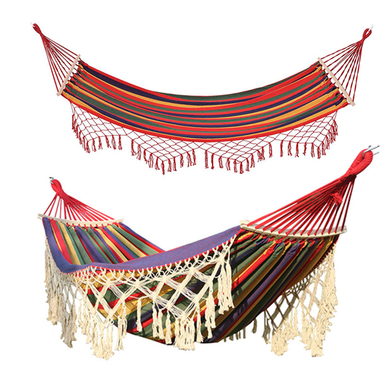 Boho Macrame Fringe Cotton Hammock with Anti Roll Balance Beam