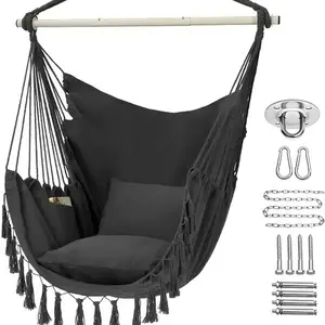 Outdoor Swing Hammock With Cushion Hanging Chair wirh Wooden Stick Garden Outdoor Hammock With Macrame Tassel Camping Hammock