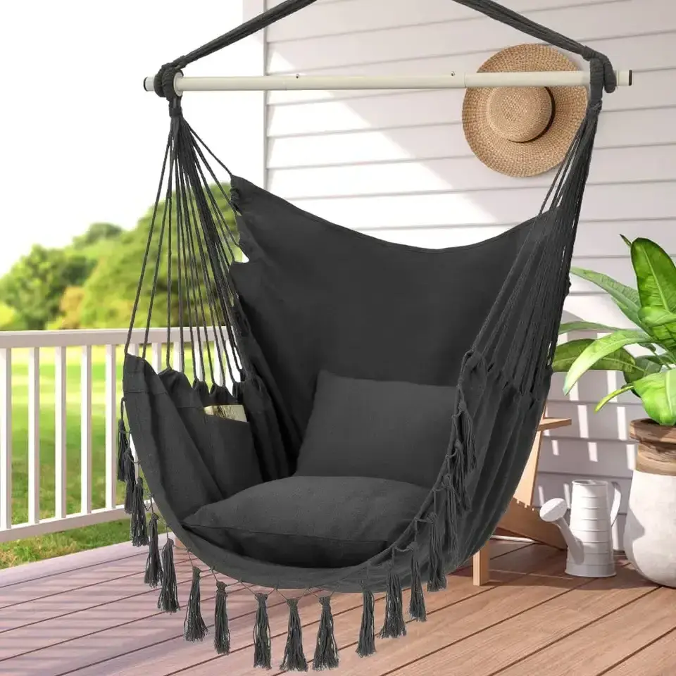 Outdoor Swing Hammock With Cushion Hanging Chair wirh Wooden Stick Garden Outdoor Hammock With Macrame Tassel Camping Hammock