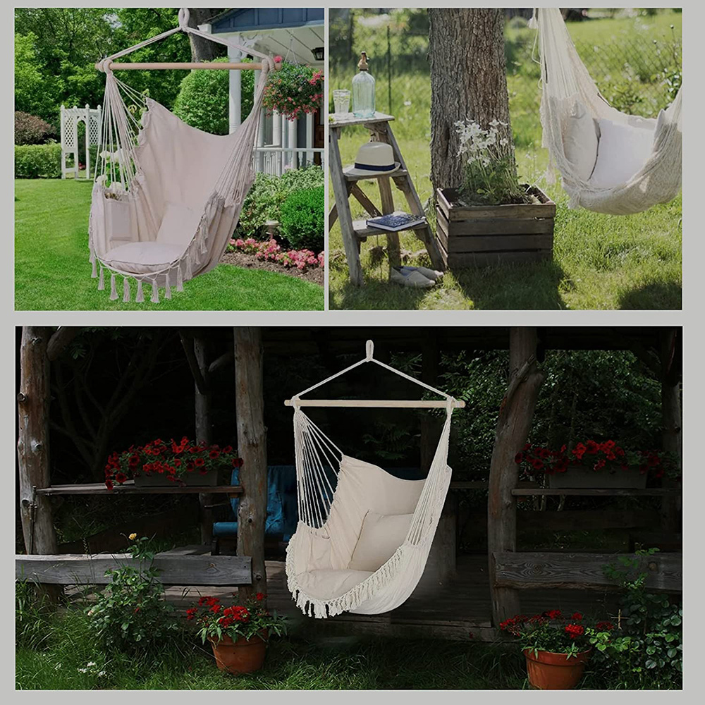 Outdoor Swing Hammock With Cushion Hanging Chair wirh Wooden Stick Garden Outdoor Hammock With Macrame Tassel Camping Hammock