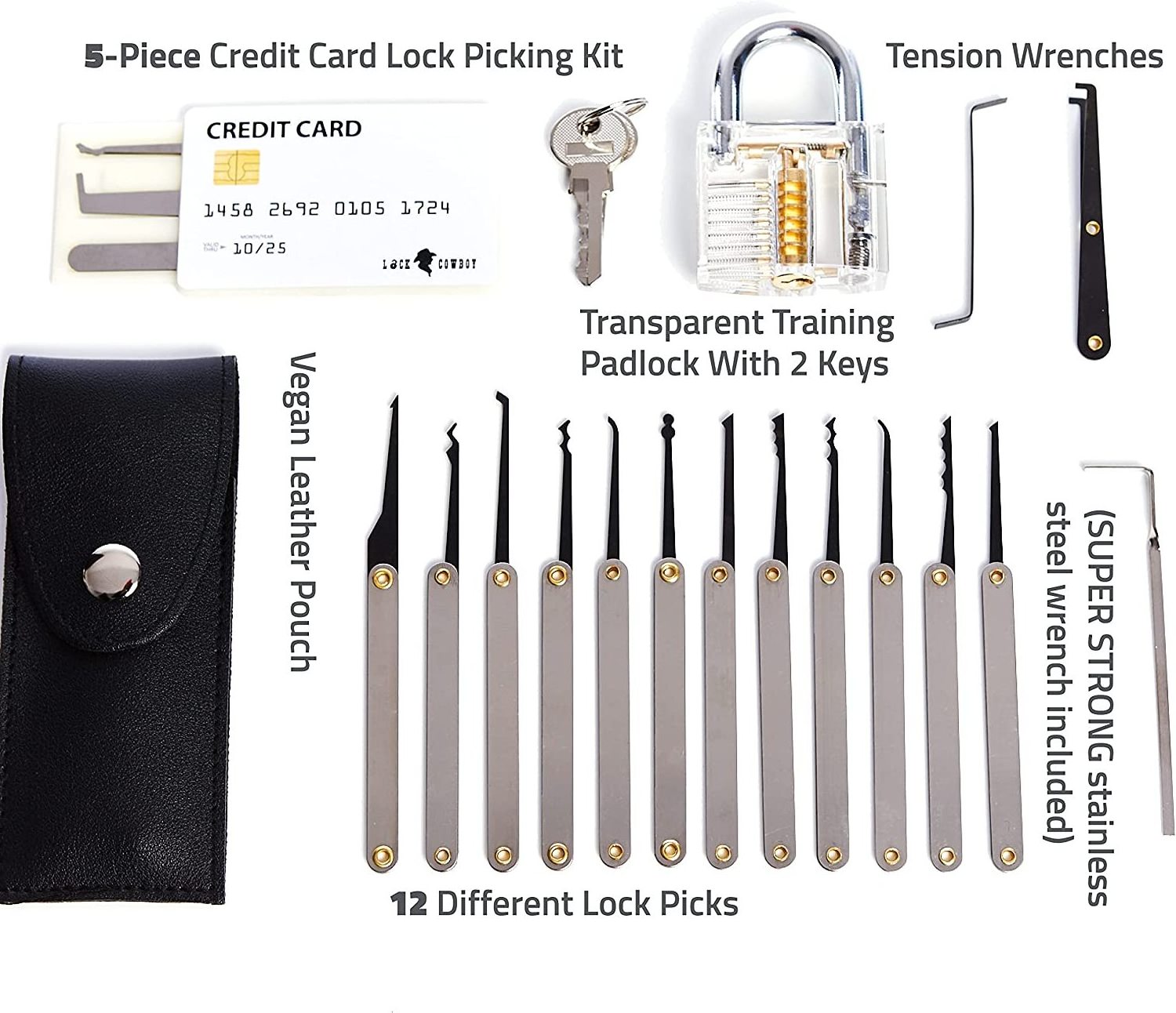 20 Pieces Lock Picking Set with Credit Card Lock Pick Set and Transparent Training Padlock