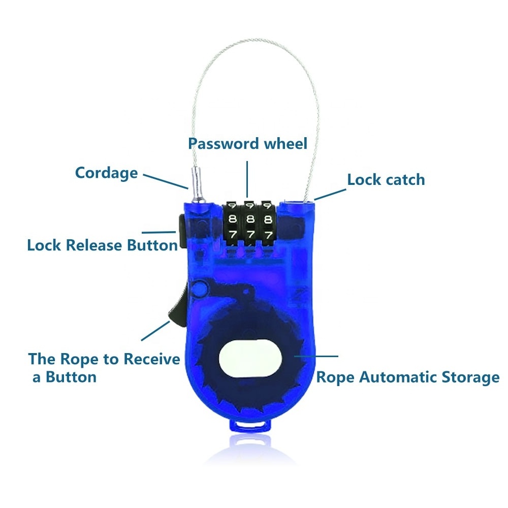 Plastic Safety 3 Digit  Retractable  Combination cable ski snowboard Luggage lock