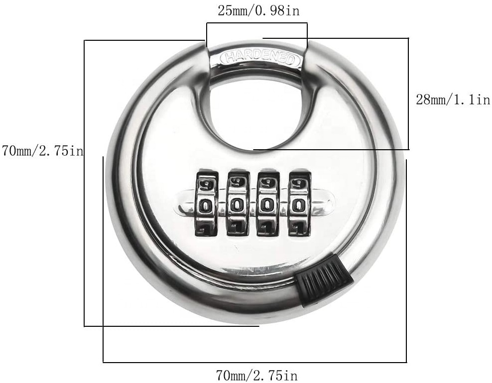 Hardened Steel Keyless Heavy Duty 70mm Stainless Steel keyless Disc Round digital Combination disc padlock