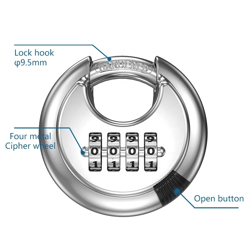 Hardened Steel Keyless Heavy Duty 70mm Stainless Steel keyless Disc Round digital Combination disc padlock