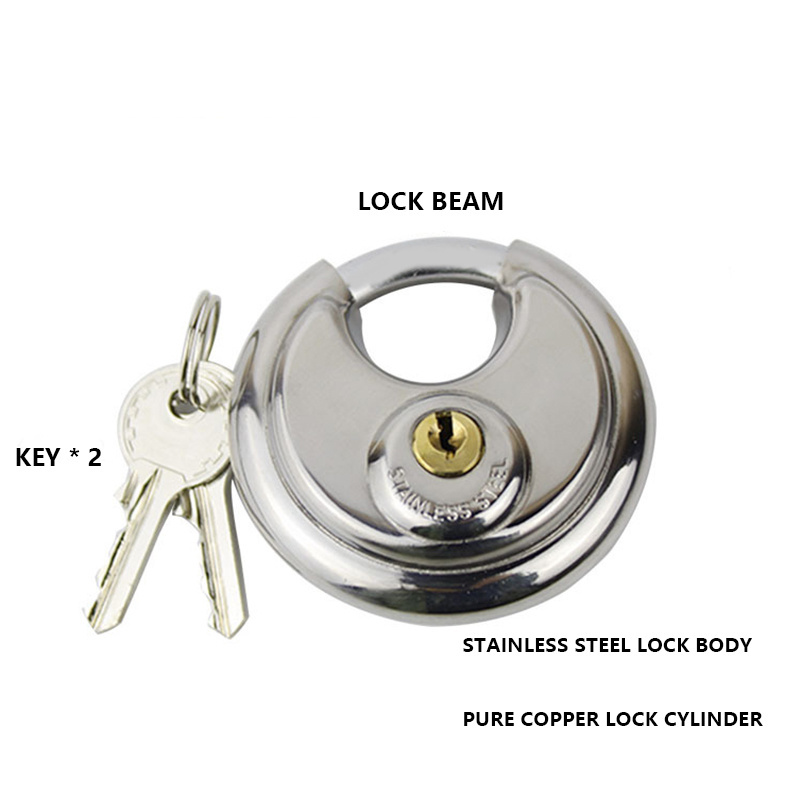 New 70mm stainless steel round cake lock warehouse door chain lock bicycle anti-theft key disc padlock