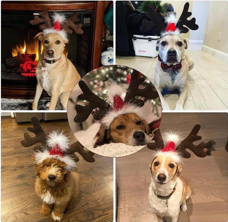 Christmas Dog Elk Reindeer Antler head with Santa hat Pet cat party cute headband hat