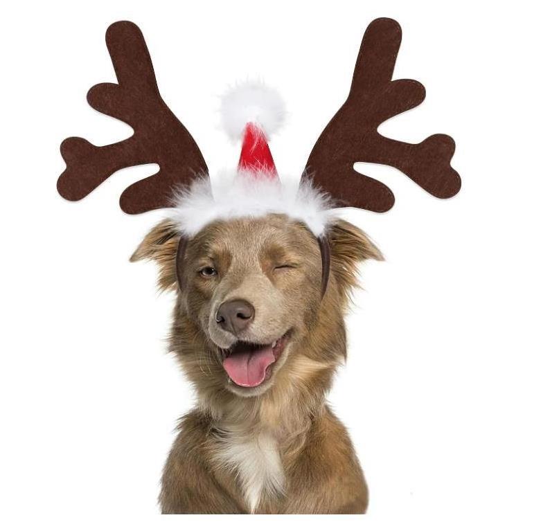 Christmas Dog Elk Reindeer Antler head with Santa hat Pet cat party cute headband hat