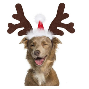 Christmas Dog Elk Reindeer Antler head with Santa hat Pet cat party cute headband hat