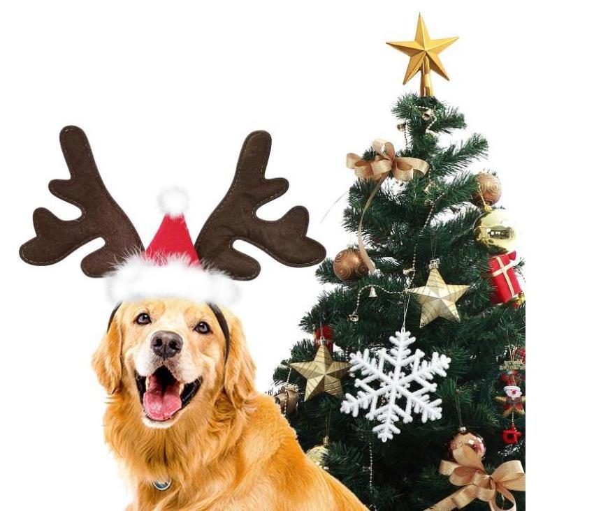 Christmas Dog Elk Reindeer Antler head with Santa hat Pet cat party cute headband hat