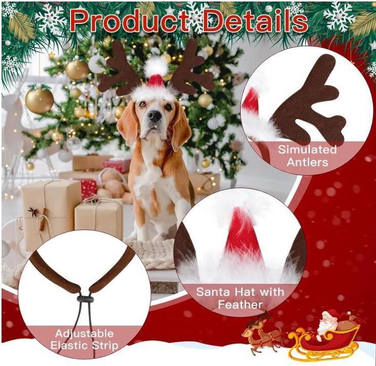 Christmas Dog Elk Reindeer Antler head with Santa hat Pet cat party cute headband hat