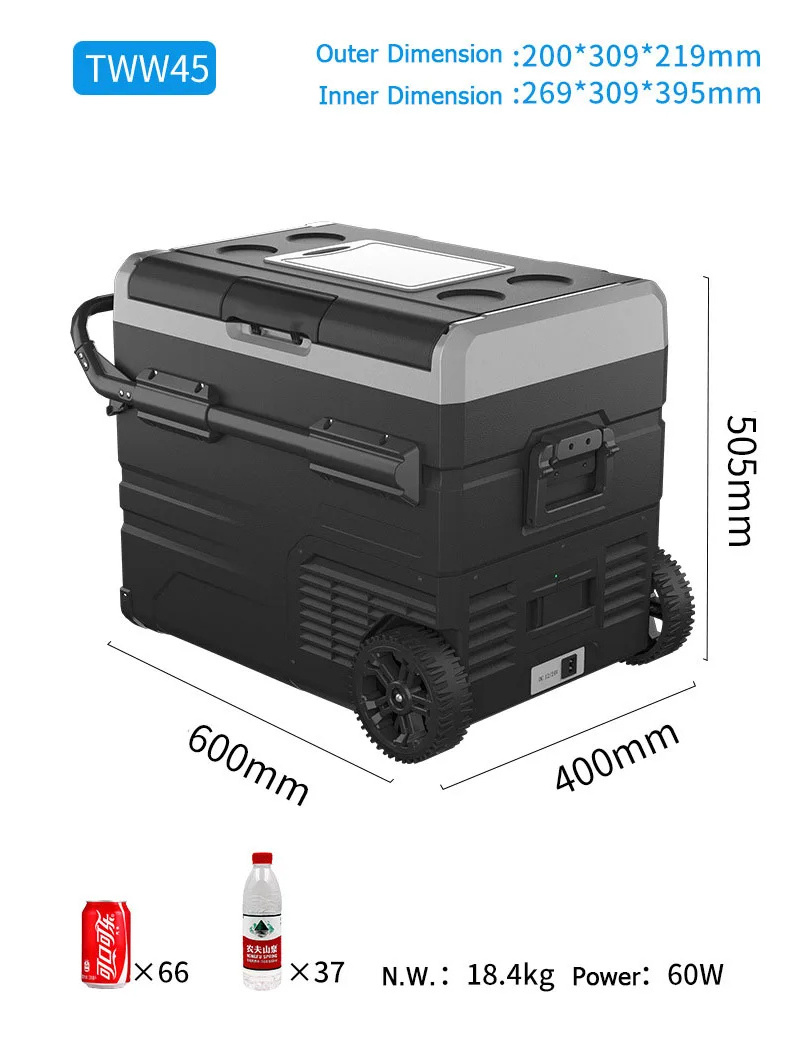 55L Mobile Fridge Freezer Wheels Handle Fridges Cool Box With Removable Battery & Solar Power Charge Jack DC 12/24V 240V