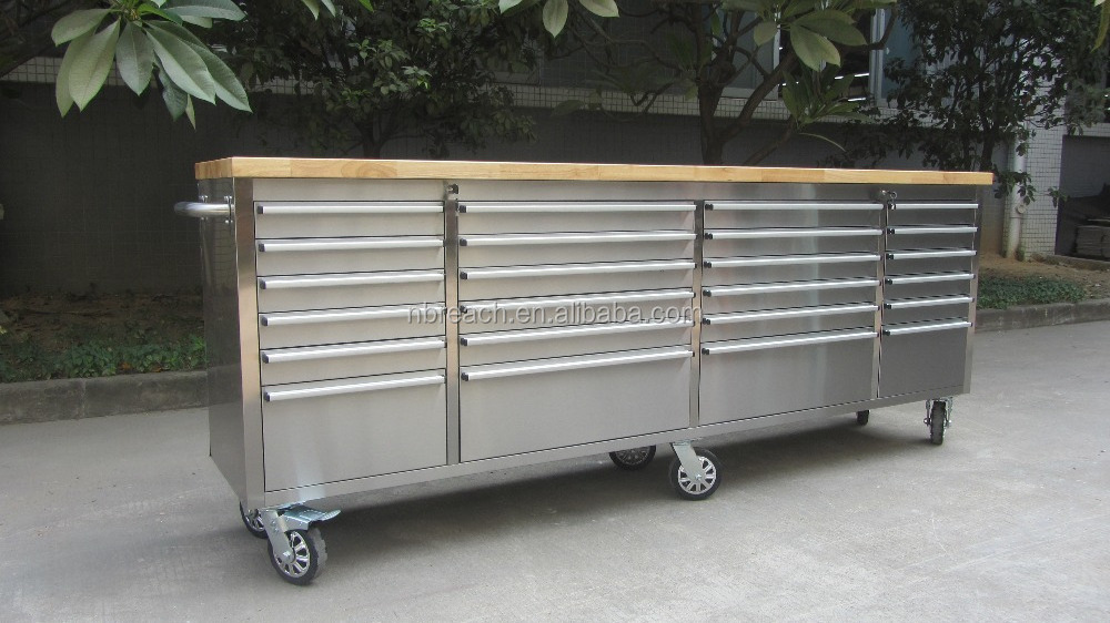 96 inch Stainless Steel Tool Cabinet with Wooden Top