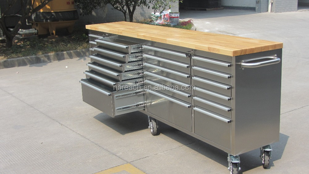 96 inch Stainless Steel Tool Cabinet with Wooden Top