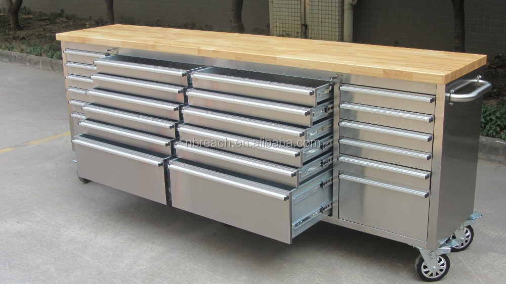 96 inch Stainless Steel Tool Cabinet with Wooden Top