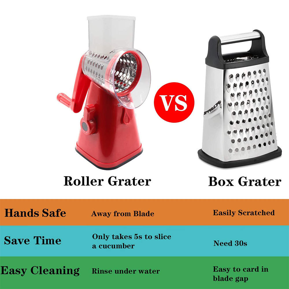 Manual 3 in 1 Rotary Cheese Grater Cheese Shredder Mandoline Stainless Steel Vegetable  Slicer with 3 Blades with Suction Base