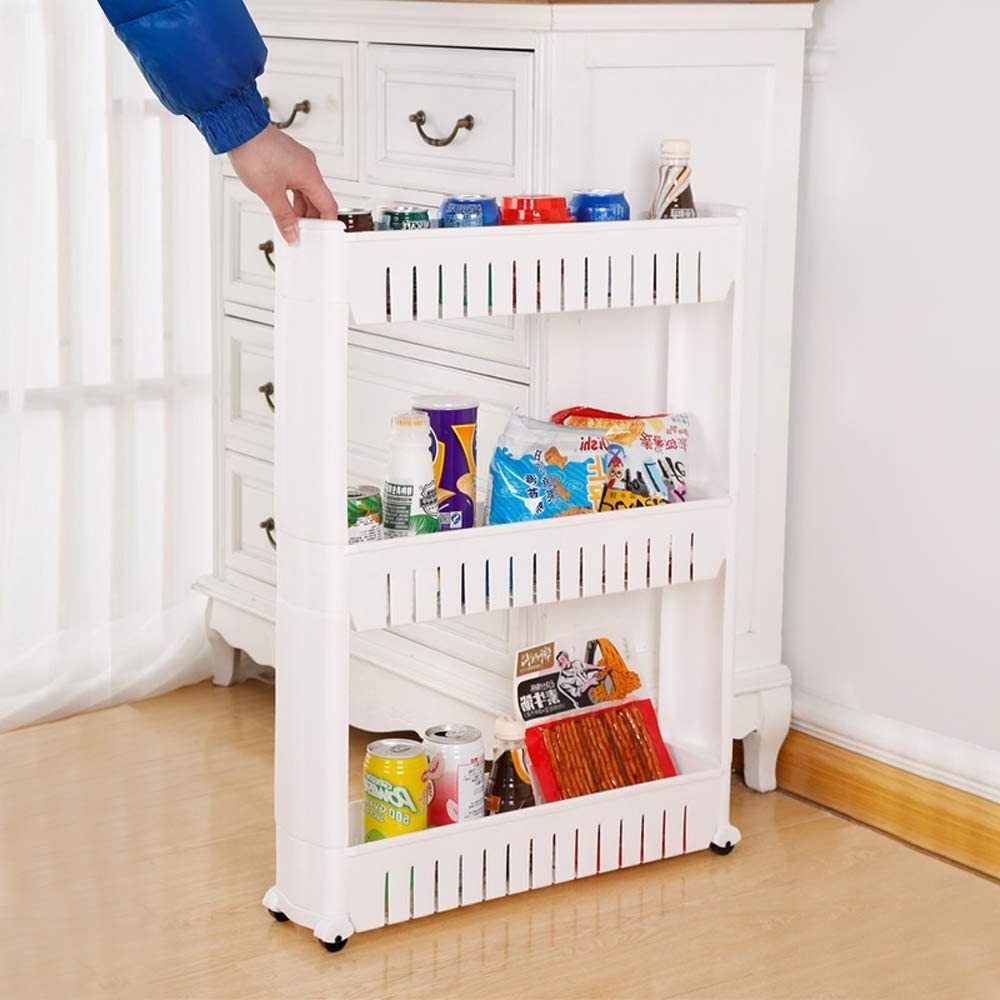 3 Tier Slide Out Kitchen Bathroom Storage Tower Shelf Organizer Everyday Home Slim Storage Cart Narrow Space Organizer on Wheels