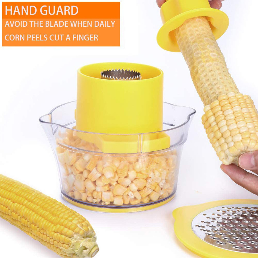 Multifunction Cob Corn Stripper Kitchen Tools with Built-in Measuring Cup and Grater Slicer Peeler Ginger Grater 4 in 1 Yellow