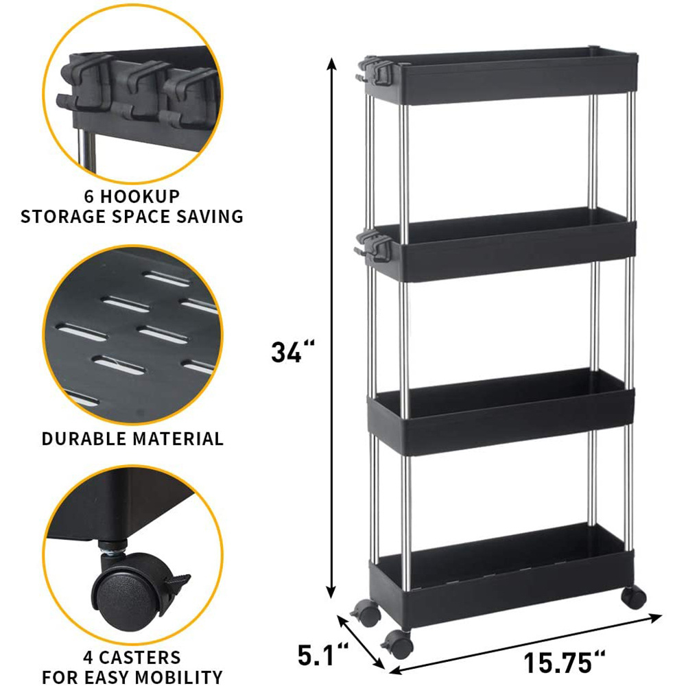 4 Tier Slim Storage Cart Mobile Shelving Unit Organizer Slide Out Storage Rolling Utility Cart storage tower for Narrow Places