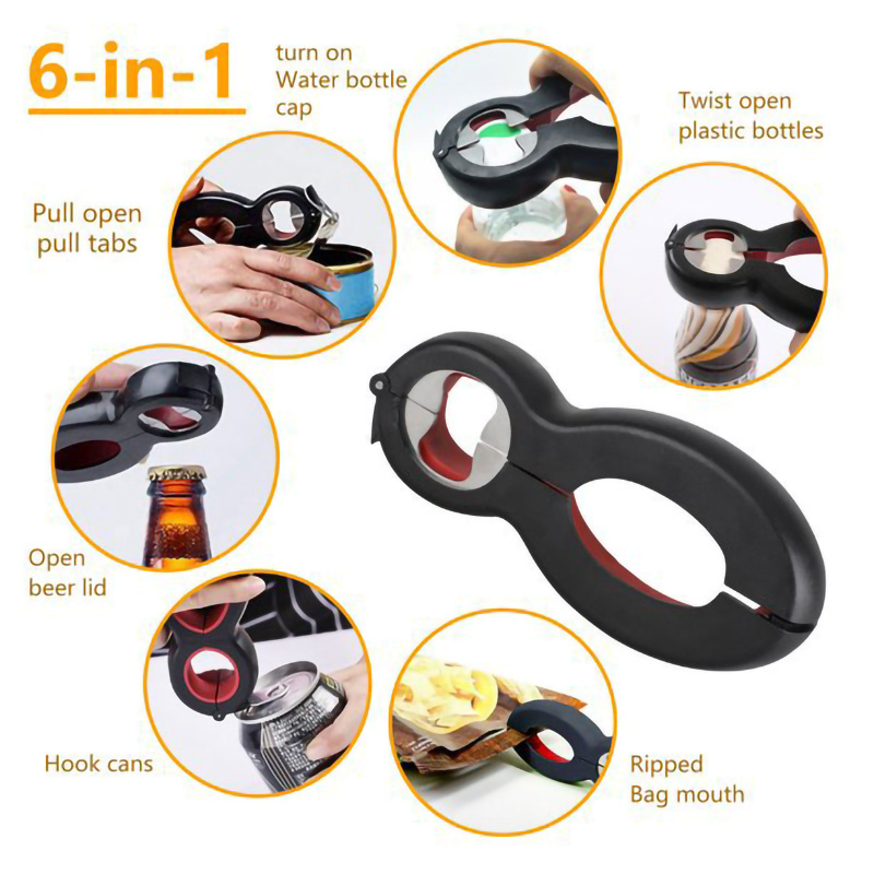 New 6 in 1 Multi Function Bottle Opener All in One Jar Gripper Can Wine Beer Lid Twist Off Jar alles Opener Kitchen tool