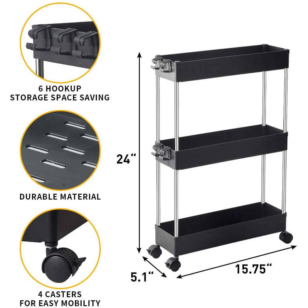 3 Tier Slim Storage Cart Mobile Shelving Unit Organizer Slide Out Storage Rolling Utility Cart storage tower Rack