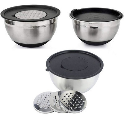 Premium Non-Slip Silicone Bottoms Stainless Steel Mixing Bowls With Grater Set Llid Cooking Baking, Prepping & Serving