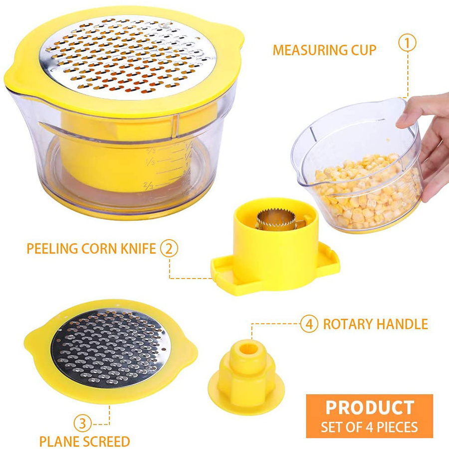 Multifunction Cob Corn Stripper Kitchen Tools with Built-in Measuring Cup and Grater Slicer Peeler Ginger Grater 4 in 1 Yellow