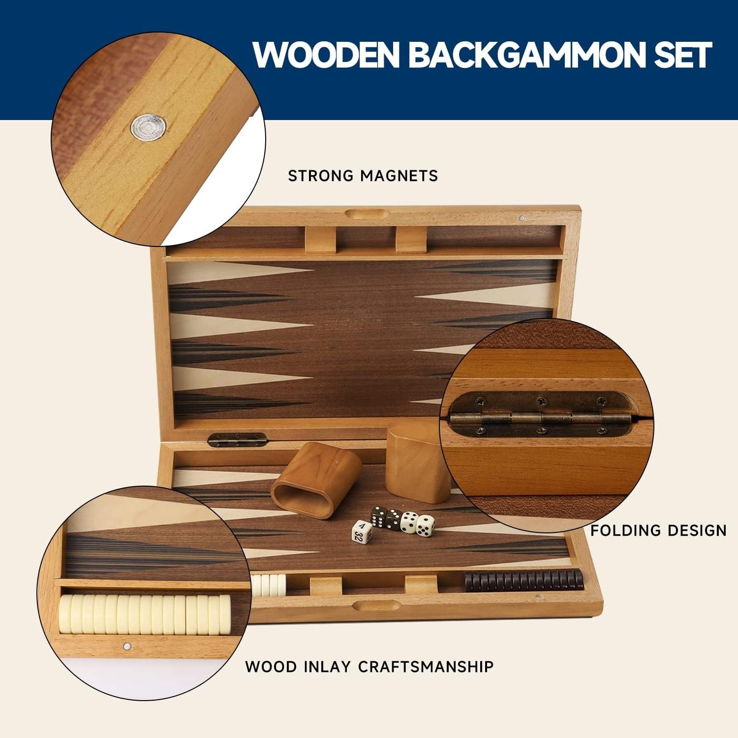 Premium Wooden Folding Inlay Backgammon Board Game Set Classic Traditional Board Games for Kids and Adults