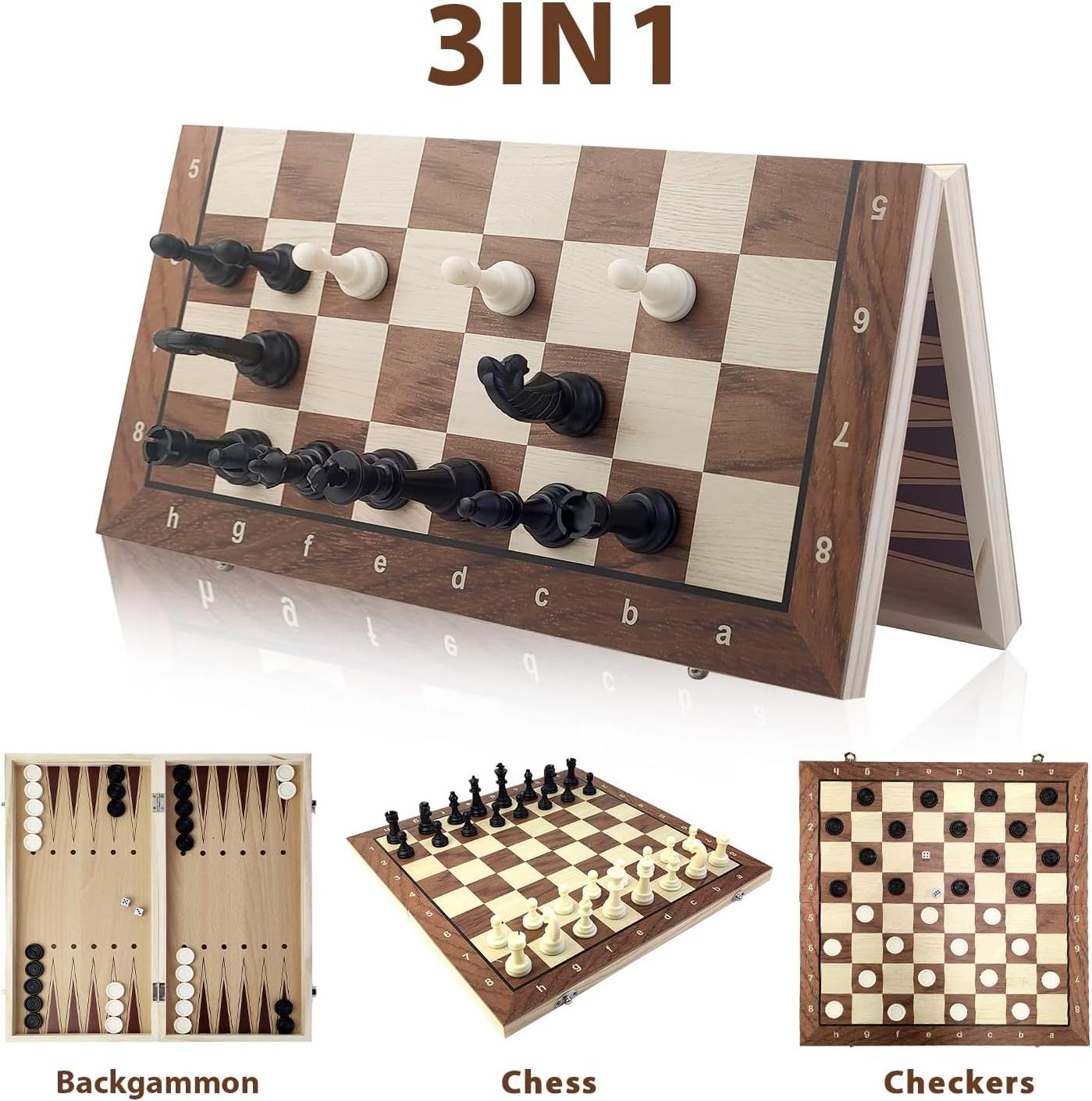 15x15'' Portable Foldable Wooden Board Game Magnetic 3 in 1 Design Chess Checkers Set