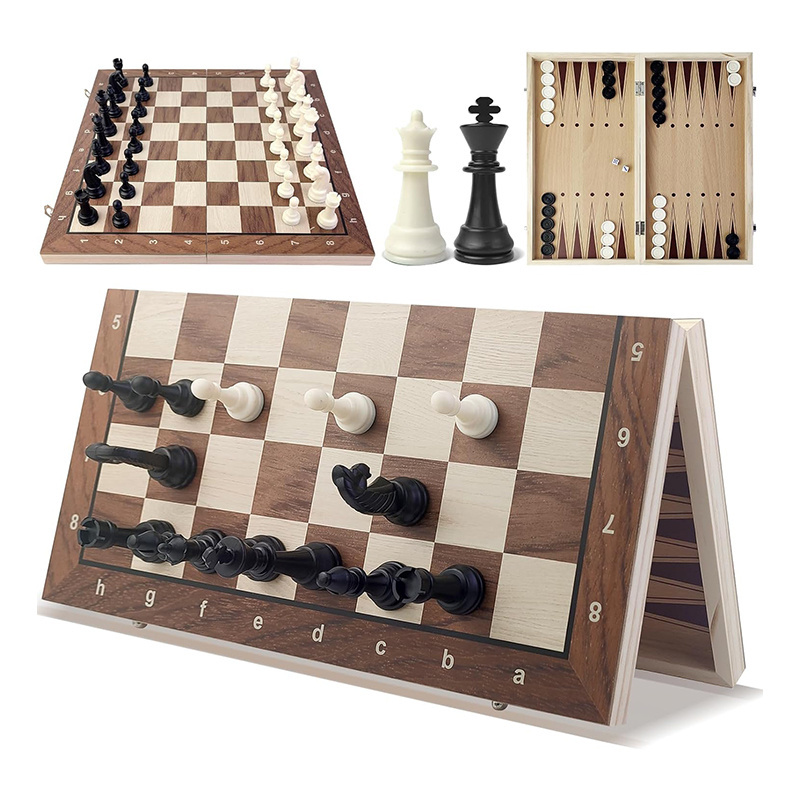 15x15'' Portable Foldable Wooden Board Game Magnetic 3 in 1 Design Chess Checkers Set