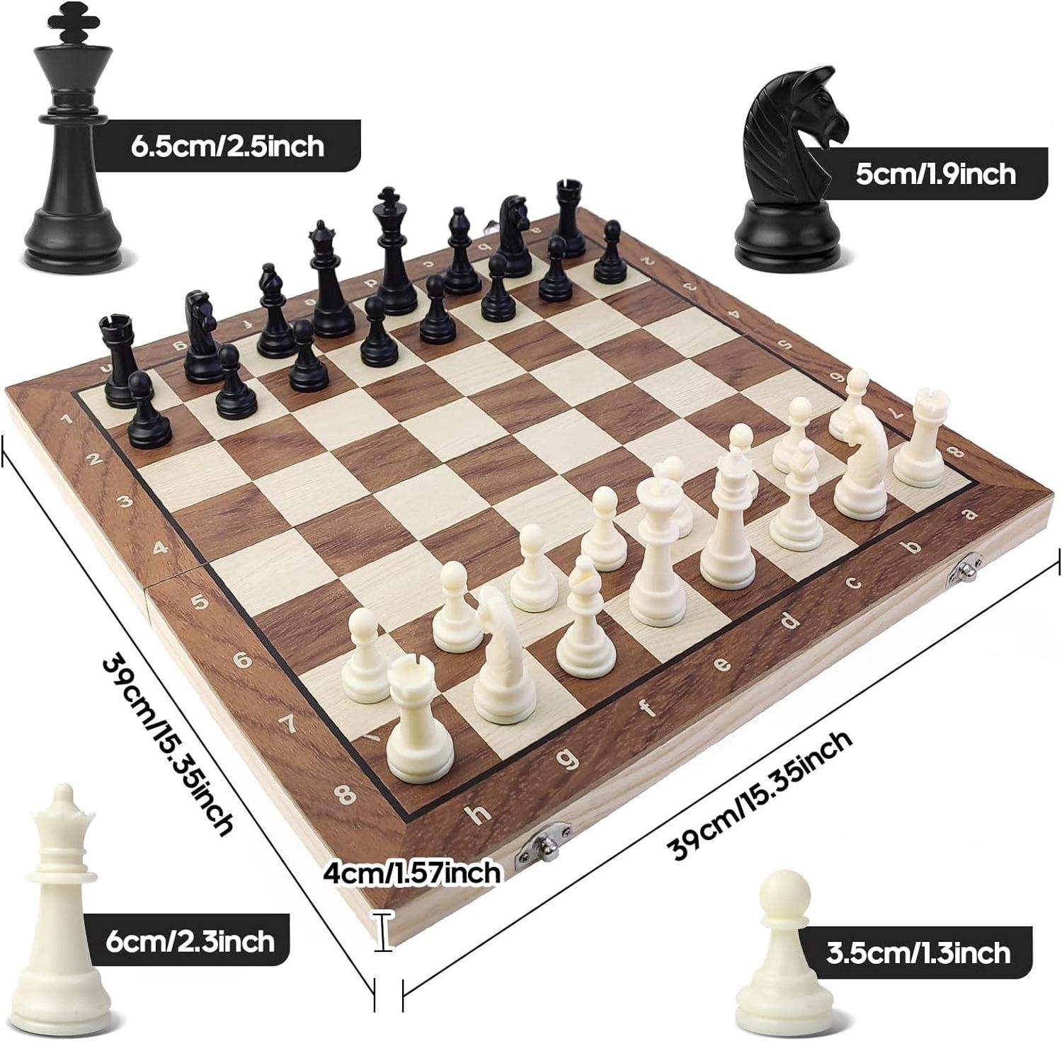 15x15'' Portable Foldable Wooden Board Game Magnetic 3 in 1 Design Chess Checkers Set