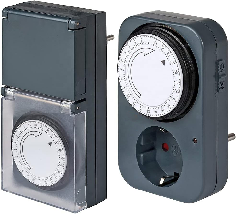 High quality EU German standard IP44 gray outdoor 24 hour program and mechanical timer socket for enhanced touch protection