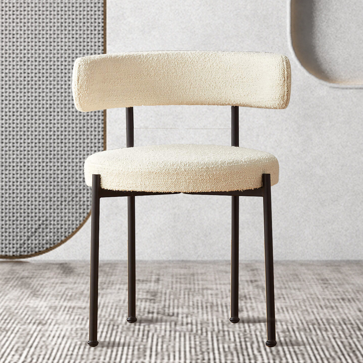 Modern nordic White Wool Blend Boucle Fabric Black Metal leg cafe Lambswool Dining Chair