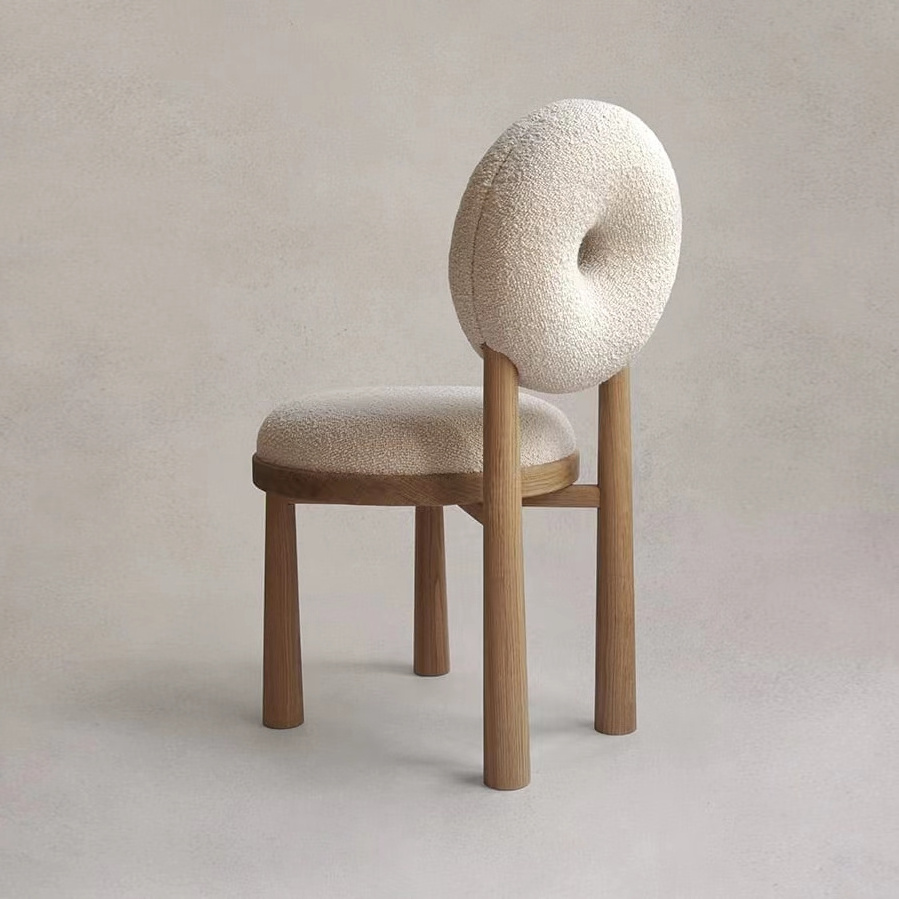 unique solid wood INS living room leisure chair donut backrest design teddy boucle fabric mid century modern nordic dining chair