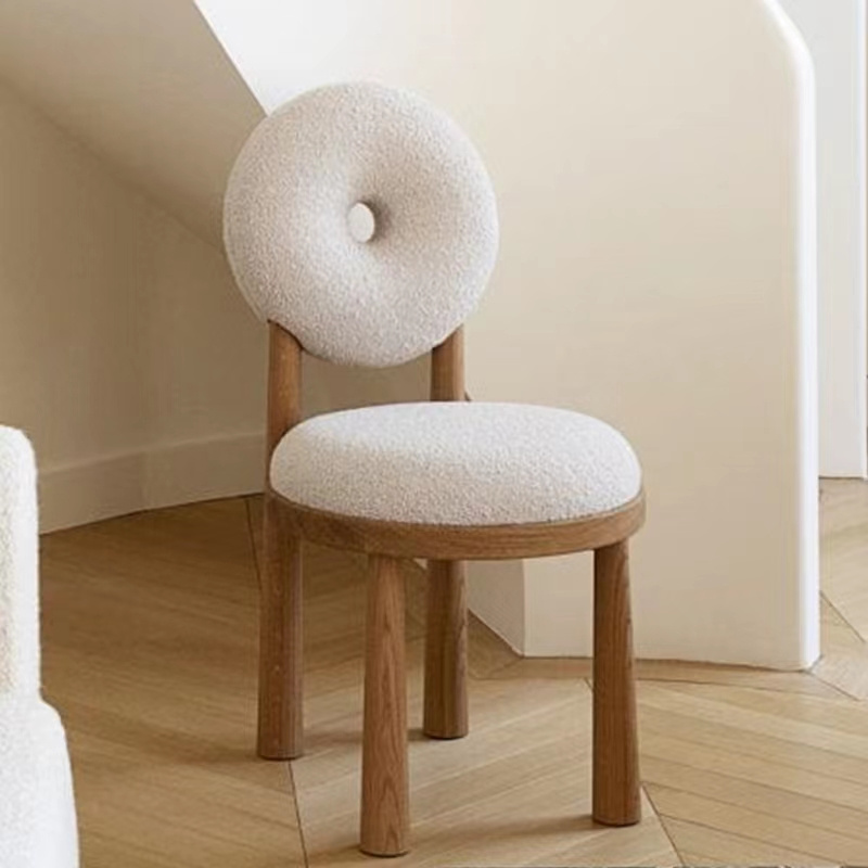 unique solid wood INS living room leisure chair donut backrest design teddy boucle fabric mid century modern nordic dining chair