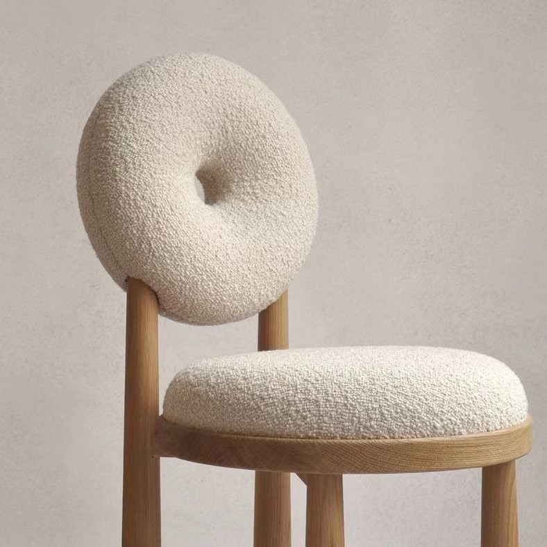 unique solid wood INS living room leisure chair donut backrest design teddy boucle fabric mid century modern nordic dining chair