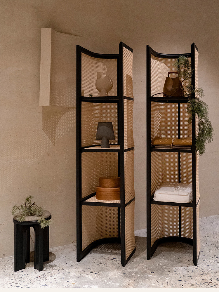 Freestanding tall narrow rattan cabinet 3 tier rattan decor door storage rack organizer corner rattan shelf