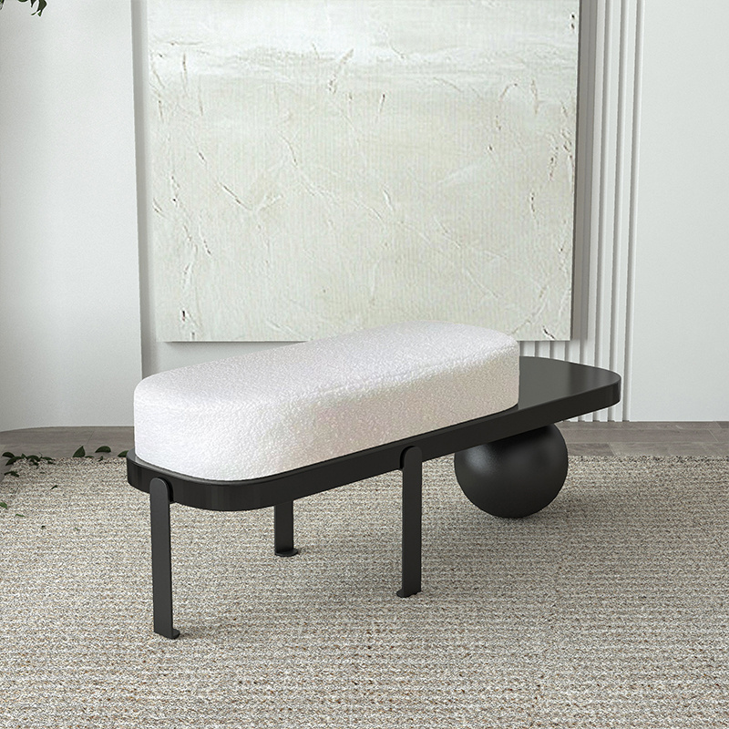 Nordic unique design metal base and wood seat bench boucle fabric upholstery living room bench