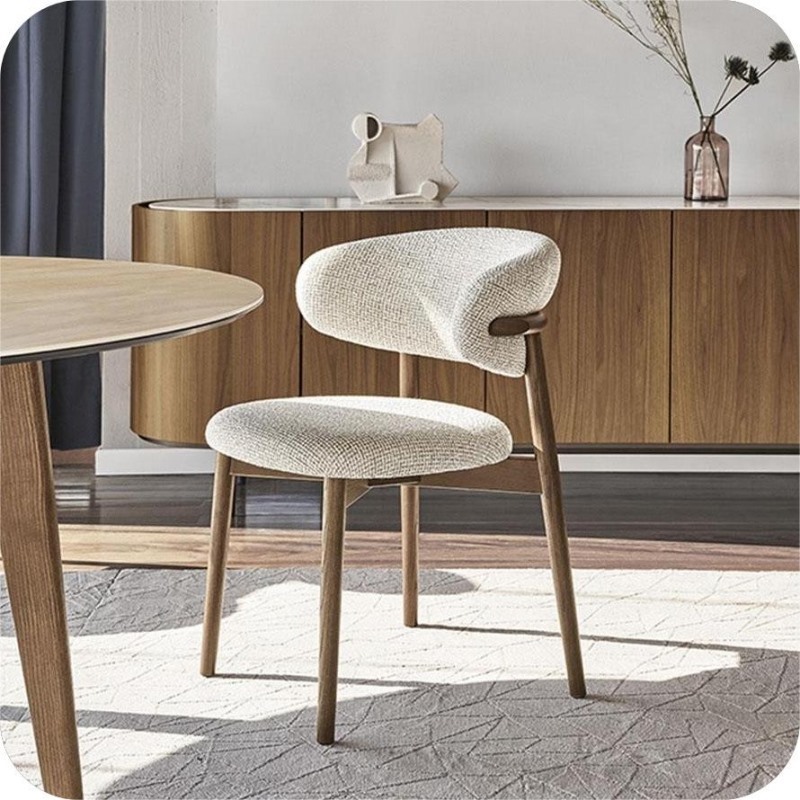 FURNITURE Modern nordic dining room furniture Curved backrest walnut color wood chair White linen fabric dining chair with pad