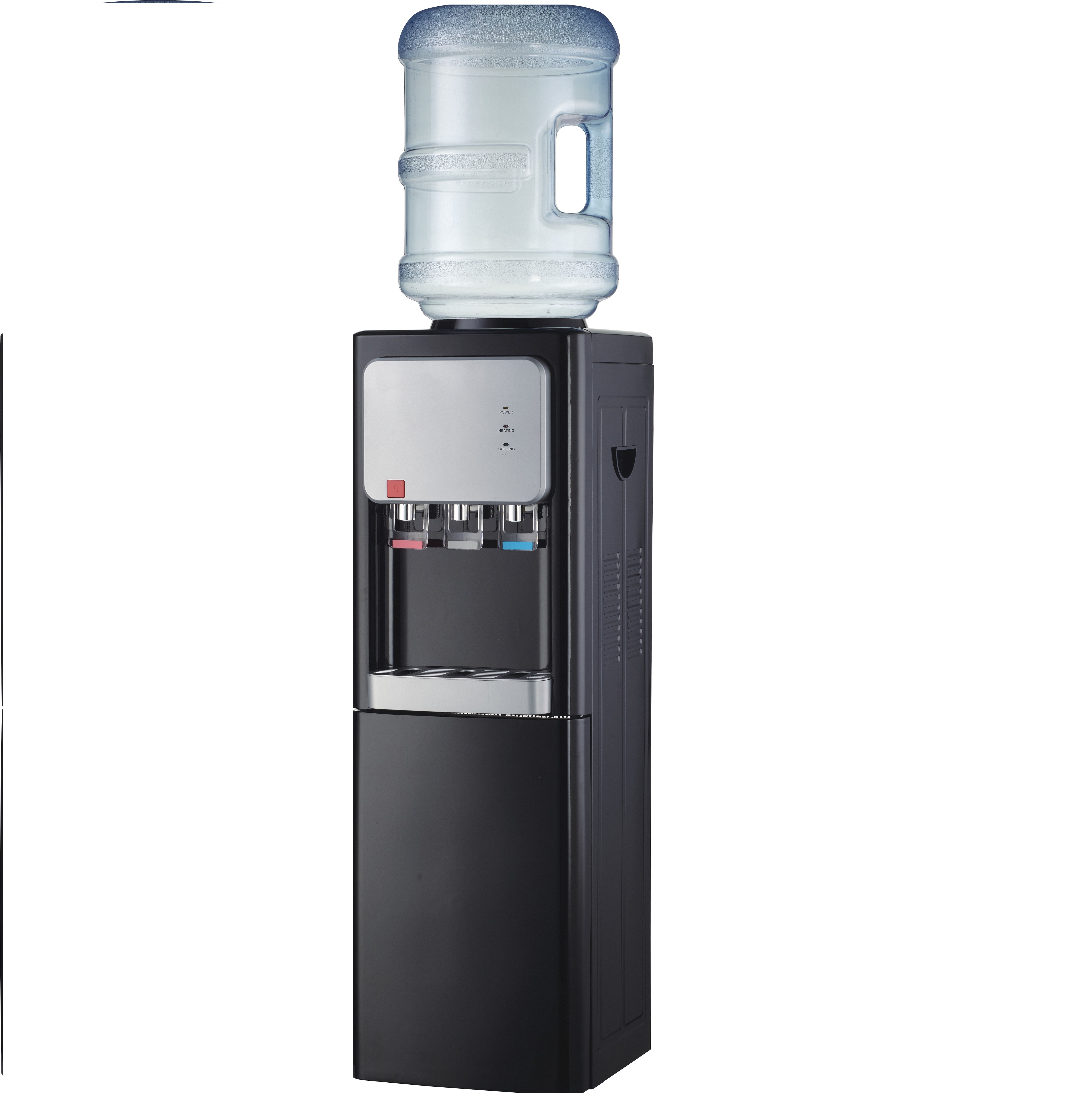 hot cold warm 3 taps water cooler floor standing silver color water dispenser 5x95L compressor cooling with fridge cabinet