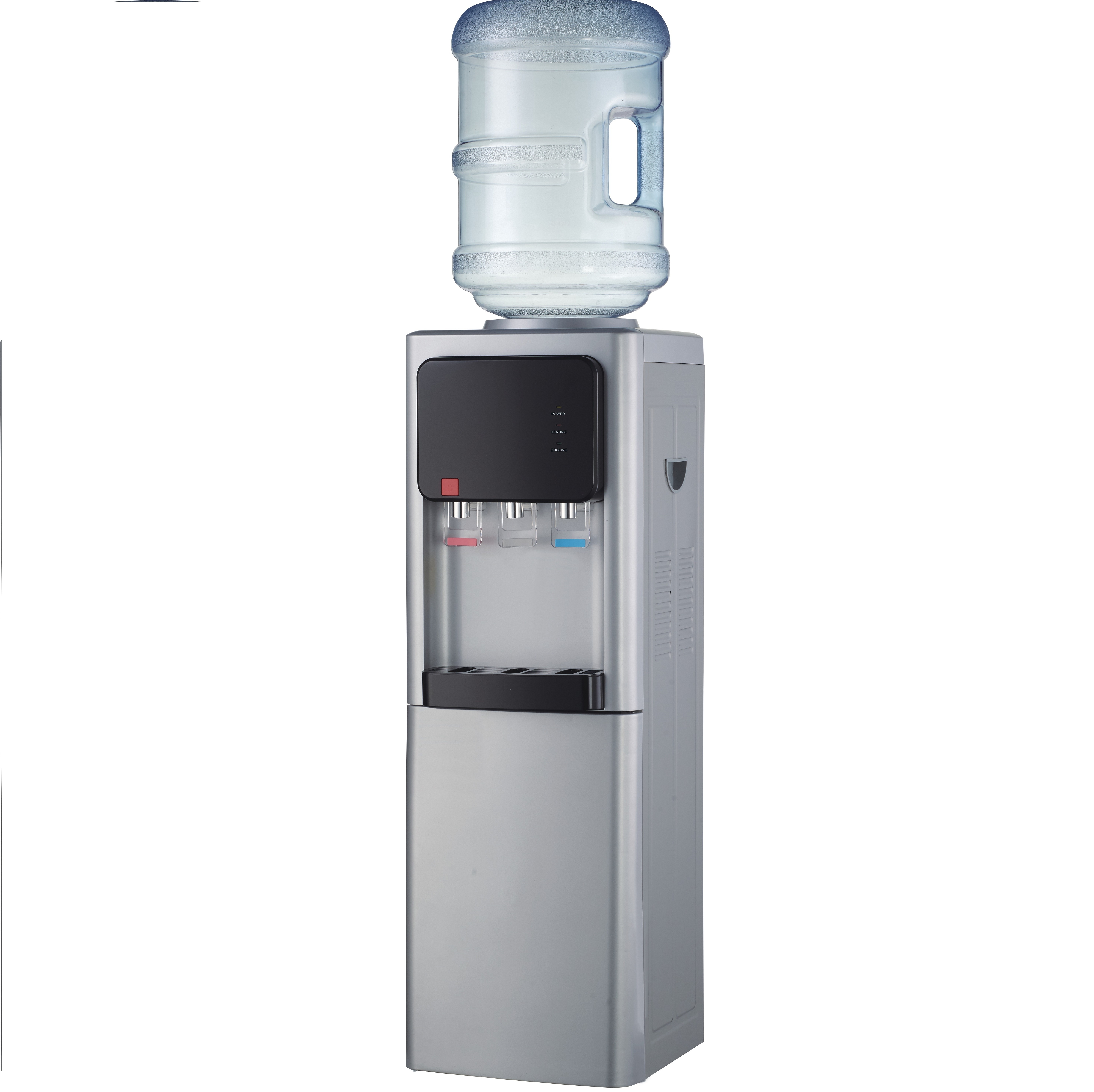 hot cold warm 3 taps water cooler floor standing silver color water dispenser 5x95L compressor cooling with fridge cabinet