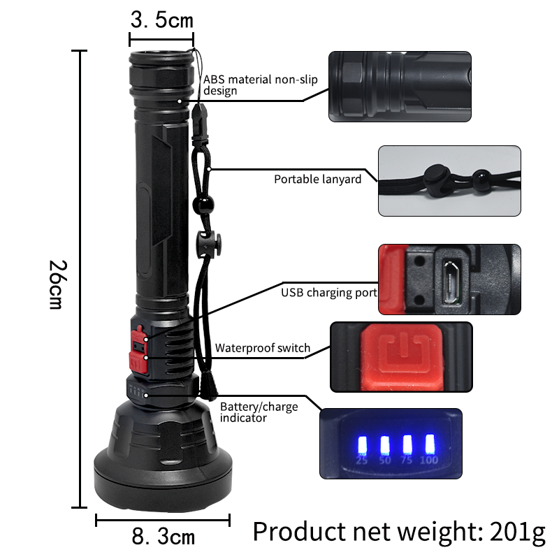 Professional High Power Aluminum LED Portable Torch IP65 Waterproof Rechargeable 18650 Flashlight